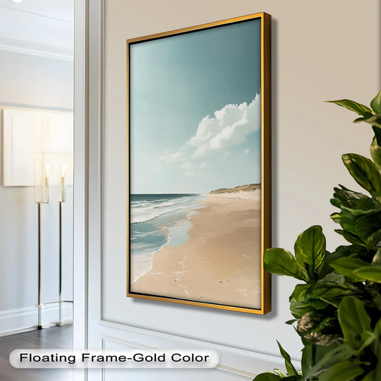 Canvas wall art depicting a tranquil ocean seascape with cool blue tones and warm sandy hues.