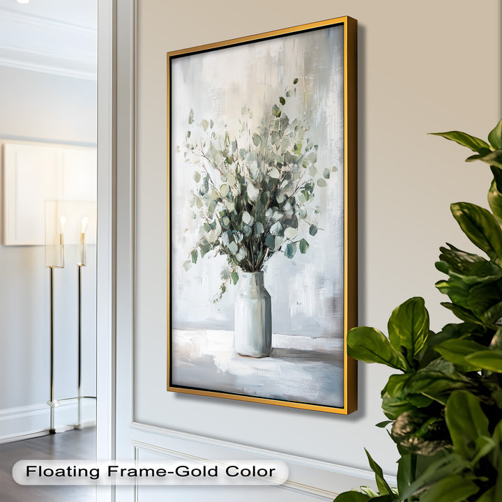 Eucalyptus Essence – Minimalist Greenery in Ceramic Vase Oil Painting
