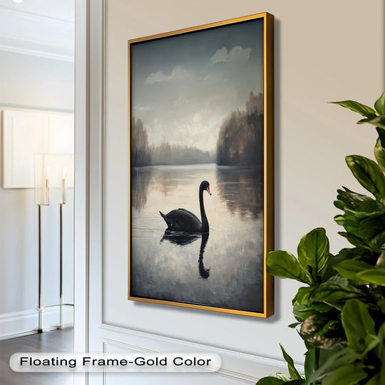 Foreground plant leaves enhance the framed 'Black Swan at Dusk' lake scene oil painting home decor, depicting a solitary swan on a serene lake.