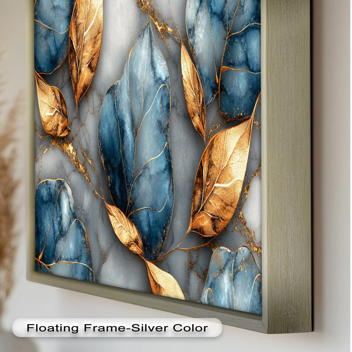 Golden Blue Marble Leaves – Botanical Oil Painting