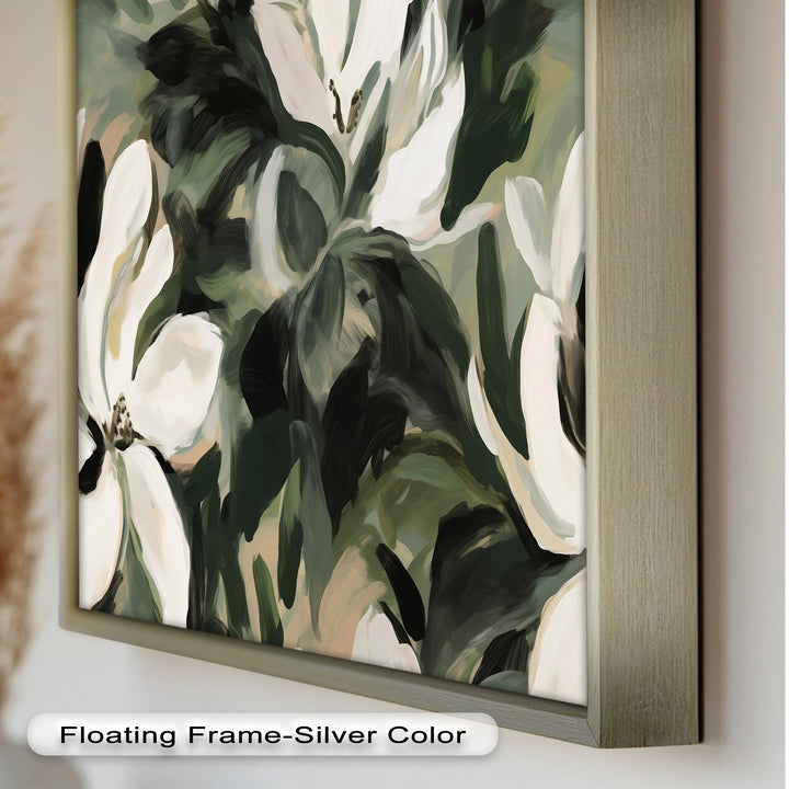 Cream Blooms in Forest Green - Flower Oil Painting