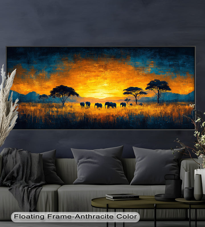 Golden Savannah Sunset – Elephant Silhouette Oil Painting