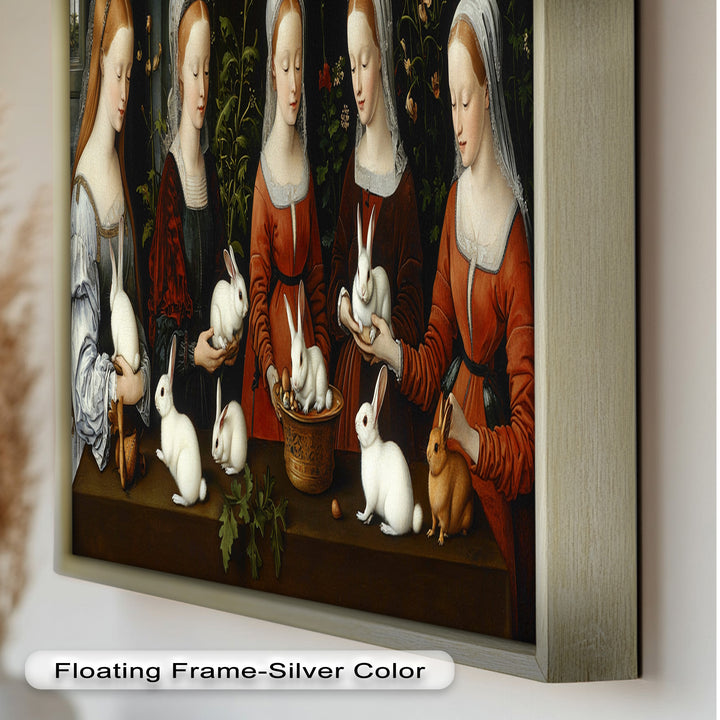 Maiden Garden Gathering – Renaissance Rabbit Portrait Oil Painting