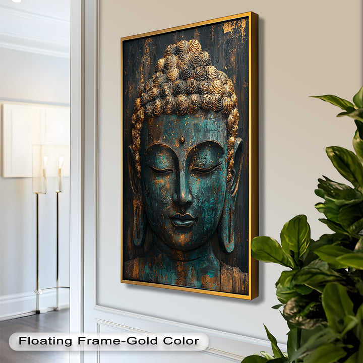 A bold and tranquil depiction of Buddha’s face in symmetrical composition, blending rustic textures with vibrant hues.
