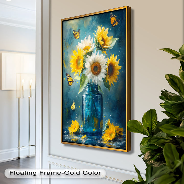 Sun-Kissed Radiance – Sunflowers in Blue Jar Flower Oil Painting