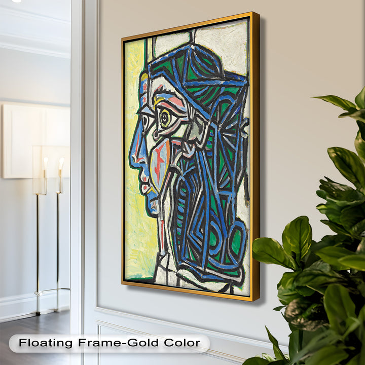 Angular Gaze – Geometric Portrait with Blue and Green Lines Picasso Oil Painting