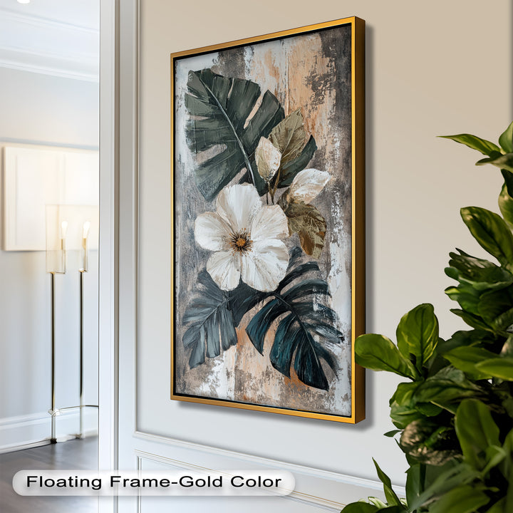 White Bloom and Tropical Leaves - Flower Oil Painting