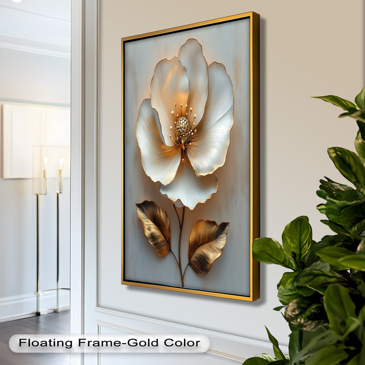 Golden Glow Bloom – White and Gold Flower Oil Painting