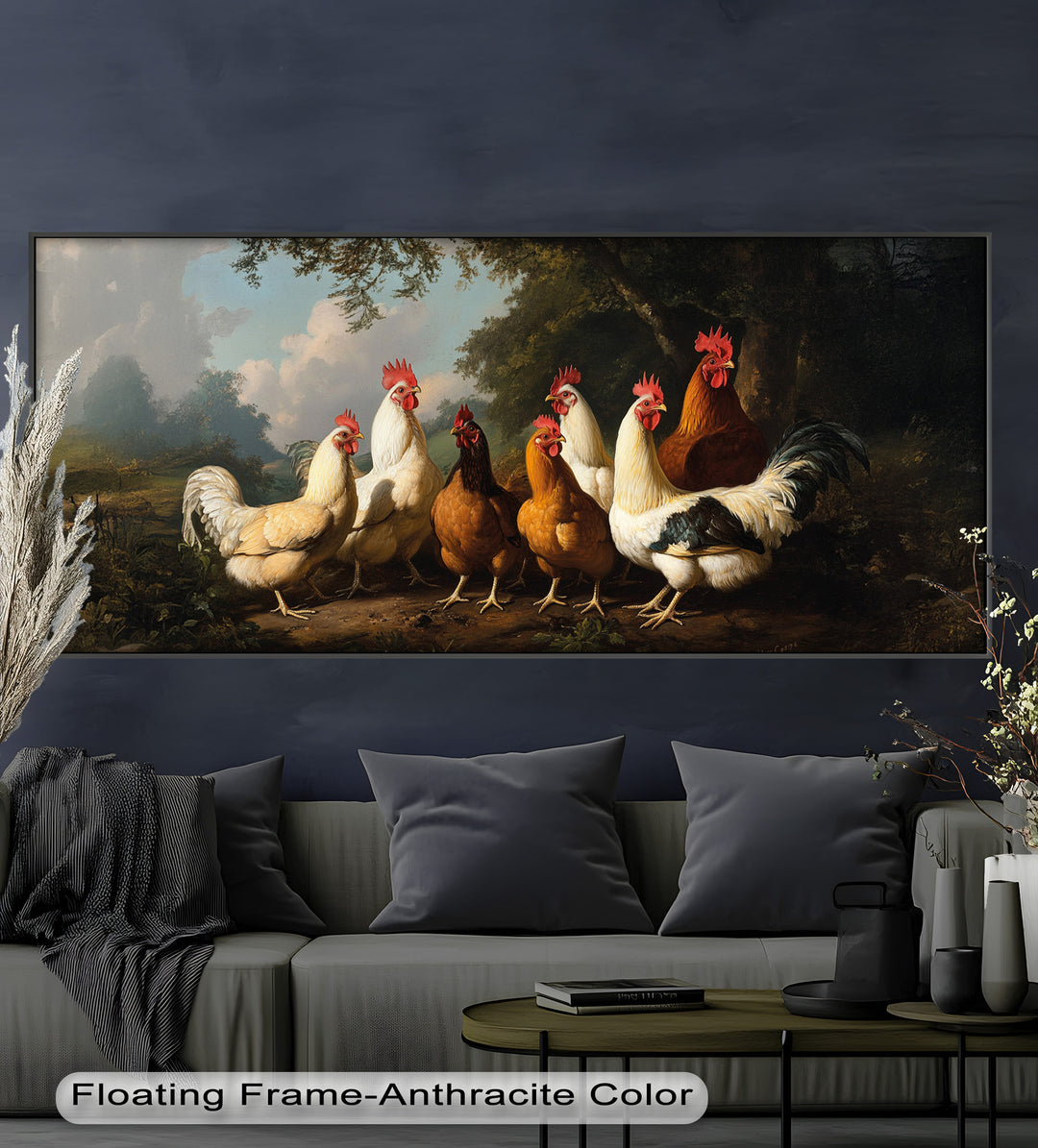Roosters and Hens in a Countryside Clearing - Animal Oil Painting
