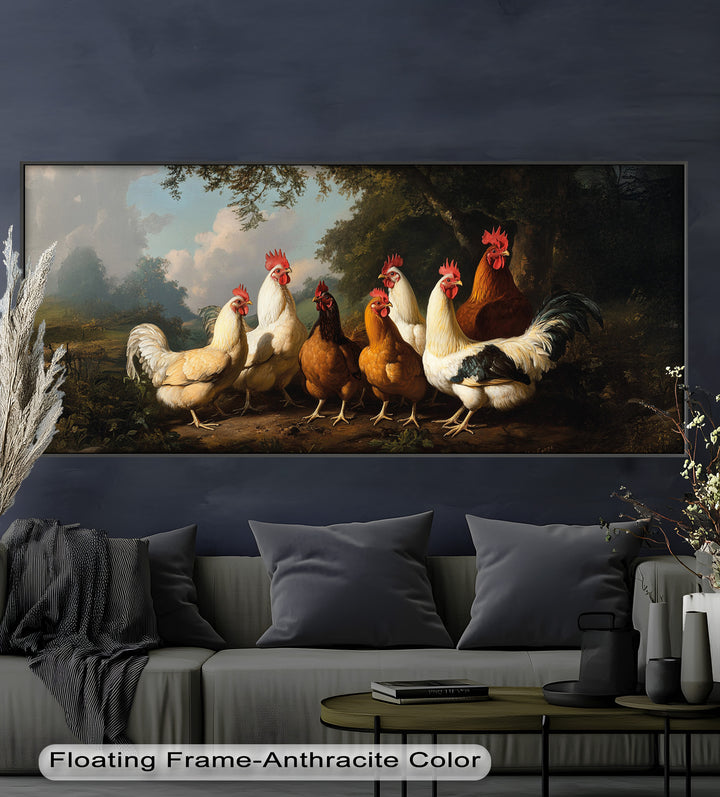 Roosters and Hens in a Countryside Clearing - Animal Oil Painting