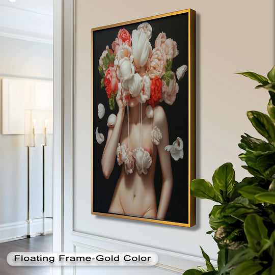 Negative space frames the nude figure adorned with cascading petals in this oil painting art piece, a surreal bloomveil portrait blending florals and form with a golden floating frame.