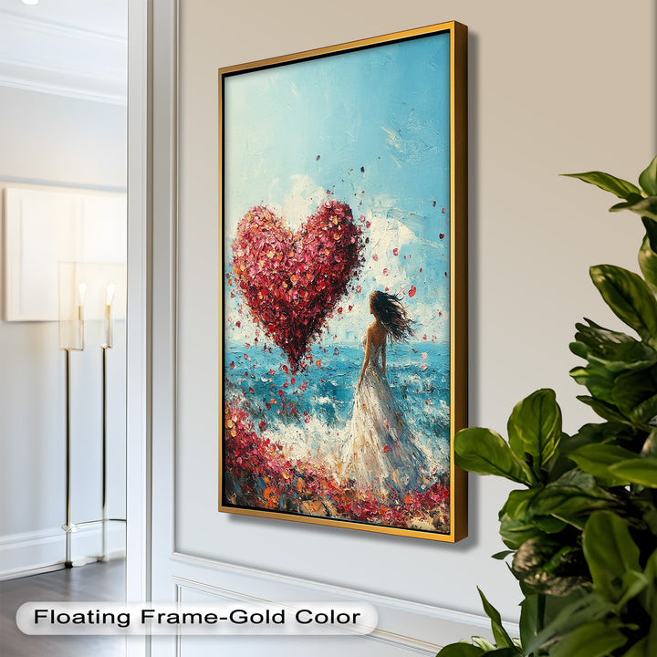 Woman with Heart-Shaped Petals Over the Sea - Love Oil Painting