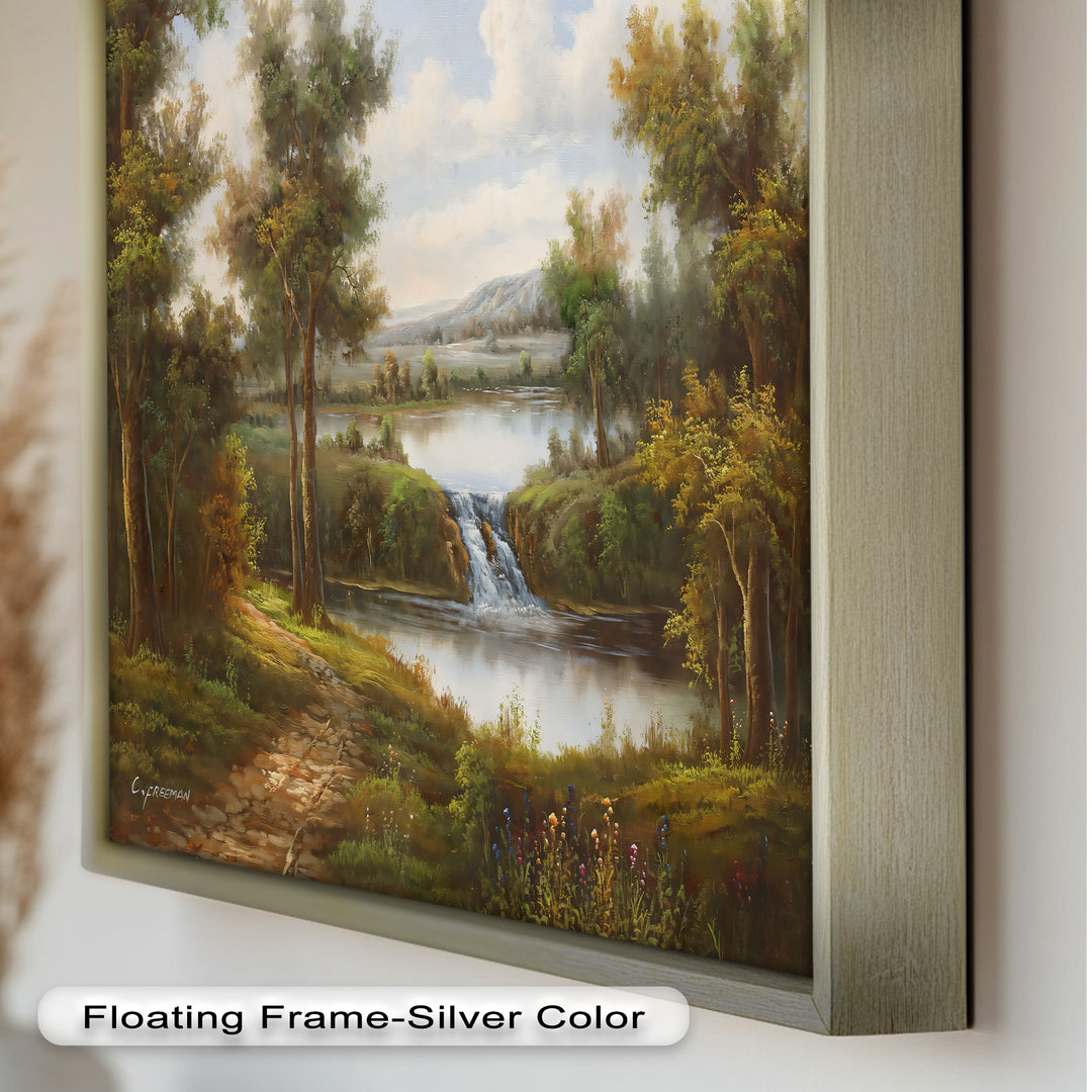 Tranquil Forest Cascade – Vintage Oil Painting