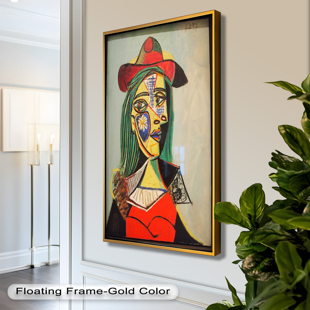 Strahlender Blick – Frau mit rotem Hut, kubistisches Porträt, Picasso-Ölgemälde