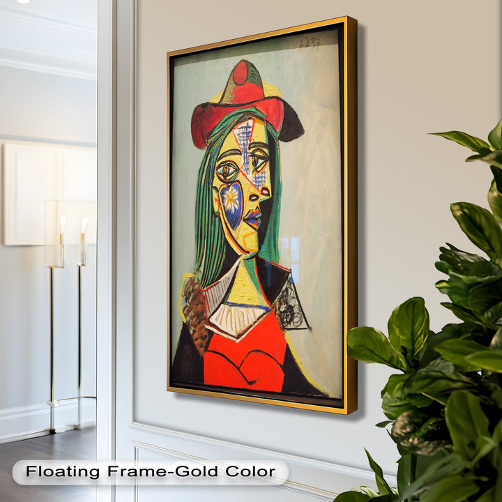 Strahlender Blick – Frau mit rotem Hut, kubistisches Porträt, Picasso-Ölgemälde
