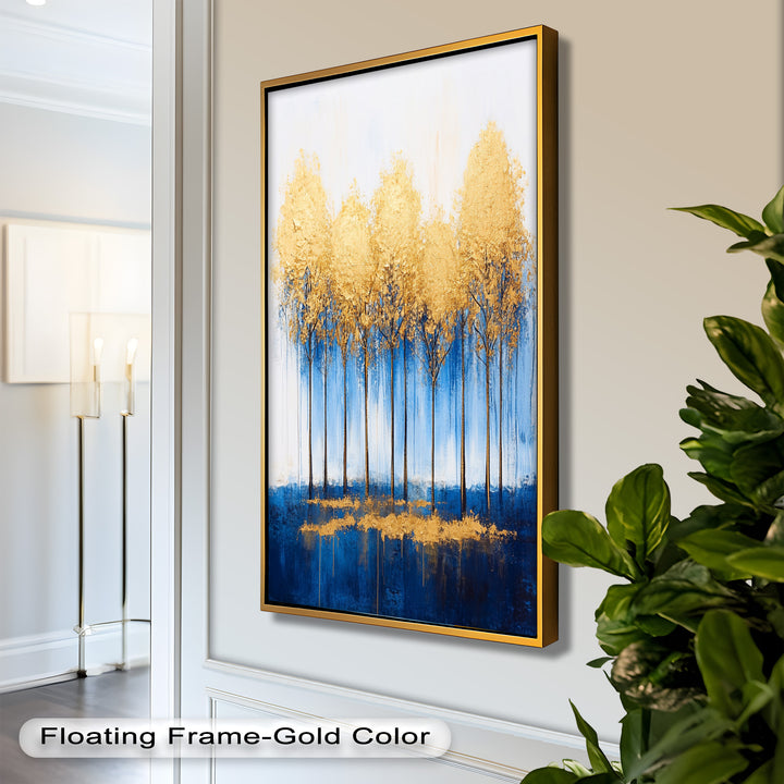 Goldene Bäume am blauen Horizont - Abstraktes Ölgemälde