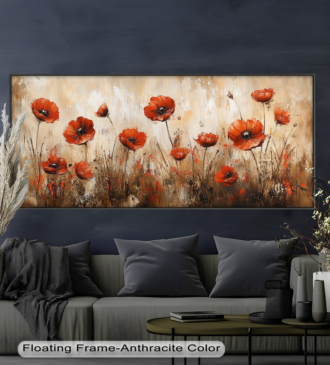 Red Poppies in Earth-Toned Harmony - Flower Oil Painting