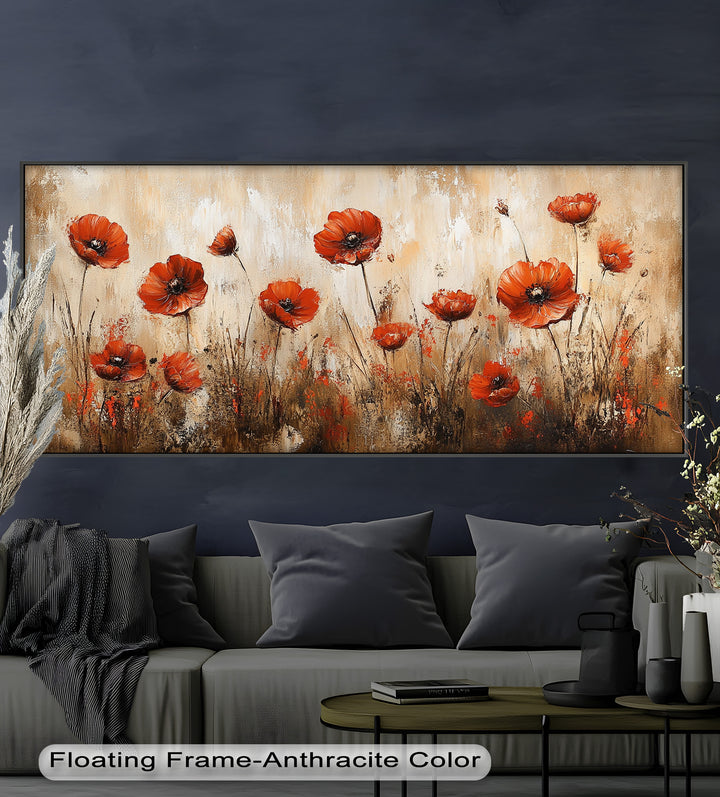 Red Poppies in Earth-Toned Harmony - Flower Oil Painting