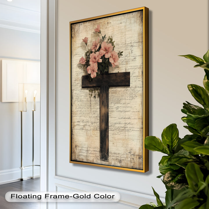 Holzkreuz mit rosa Blüten - Christliches Ölgemälde