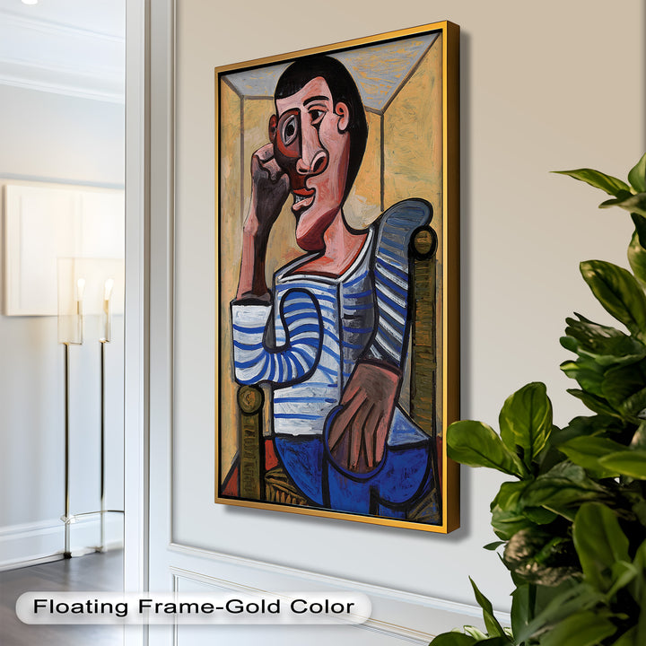 Melancholy in Stripes – Seated Man with Blue Shirt Picasso Oil Painting