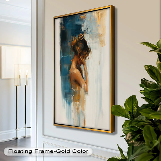 Gold floating frame finish complements the expressive 'Veil of Thought' oil painting art piece, enhancing the blue and gold abstract design.
