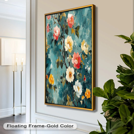 Rectangular oil painting art prints showcase red, cream, and yellow floral elements against a teal background within a clean-lined gold frame.