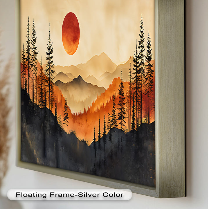 Red Sunset Landscape - Forest Oil Painting