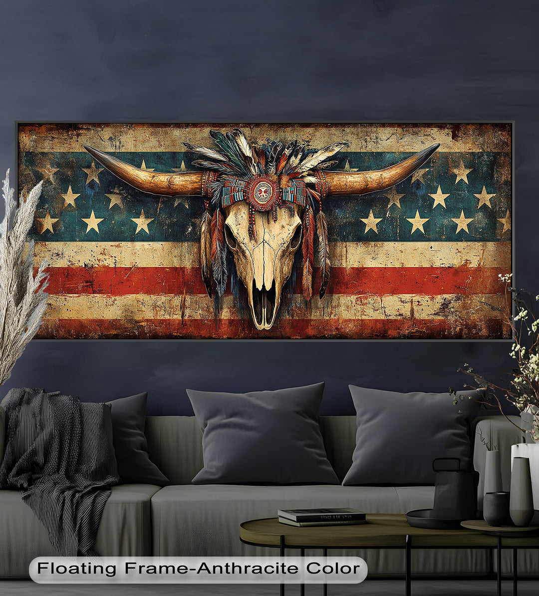 Tribal Longhorn Totenkopf mit Kopfschmuck – Amerikanisches Ölgemälde