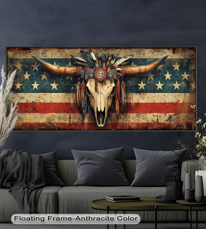 Tribal Longhorn Totenkopf mit Kopfschmuck – Amerikanisches Ölgemälde