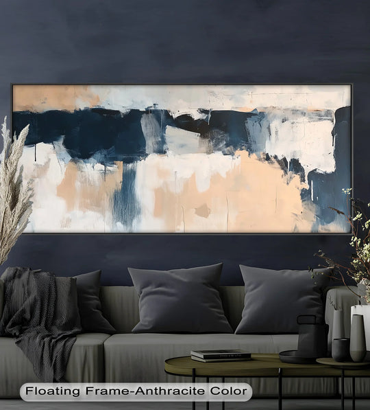 Smooth transition between navy, beige, and ivory hues creates a serene coastal horizon in this minimalist abstract oil painting decoration.