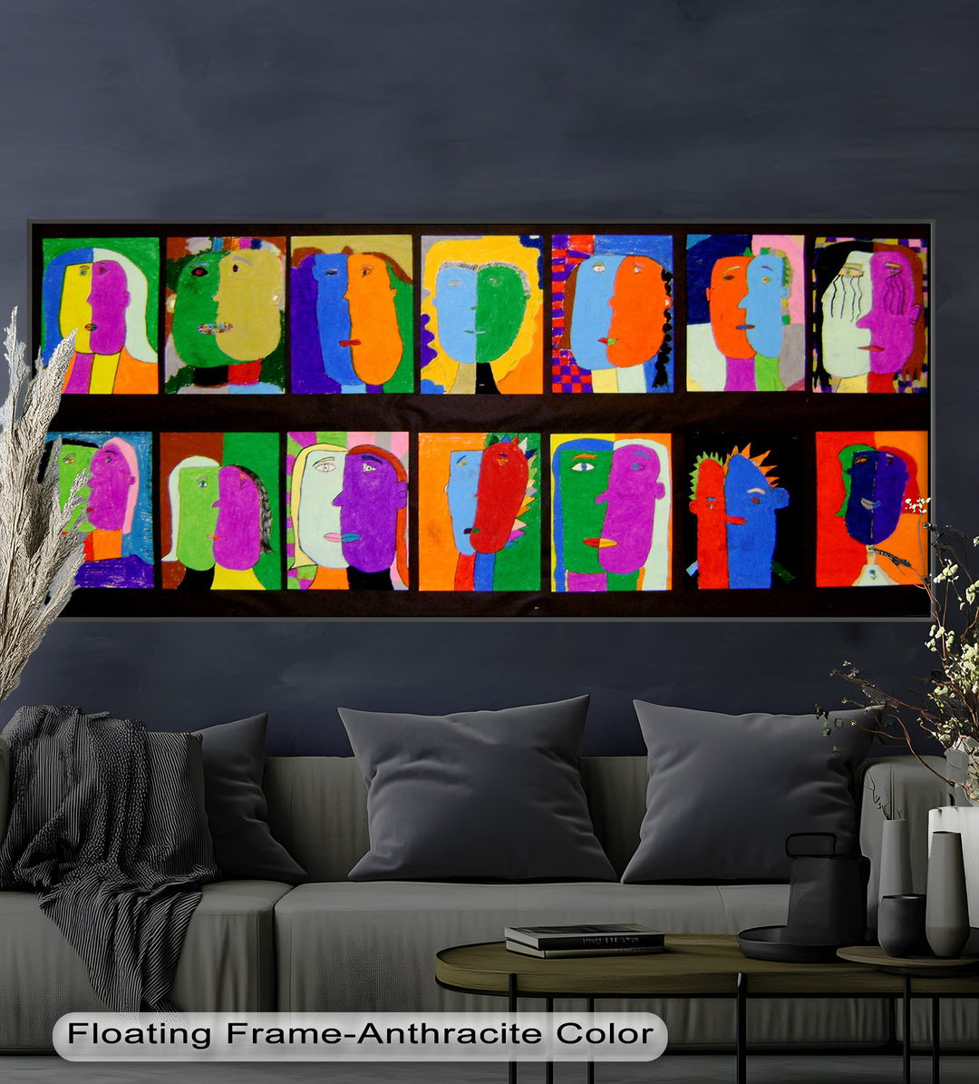 A series of abstract portraits featuring multicolored, Picasso-inspired faces, each with unique expressions and bold color blocking.
