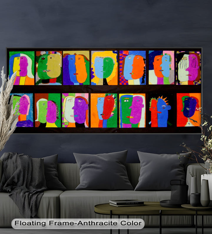 A series of abstract portraits featuring multicolored, Picasso-inspired faces, each with unique expressions and bold color blocking.