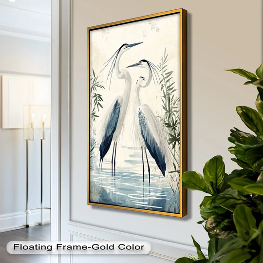 Exploring the abstract quality, this oil painting art prints showcase a stylized rendition of twin herons, harmonizing color and form in a modern, tranquil bird art piece.