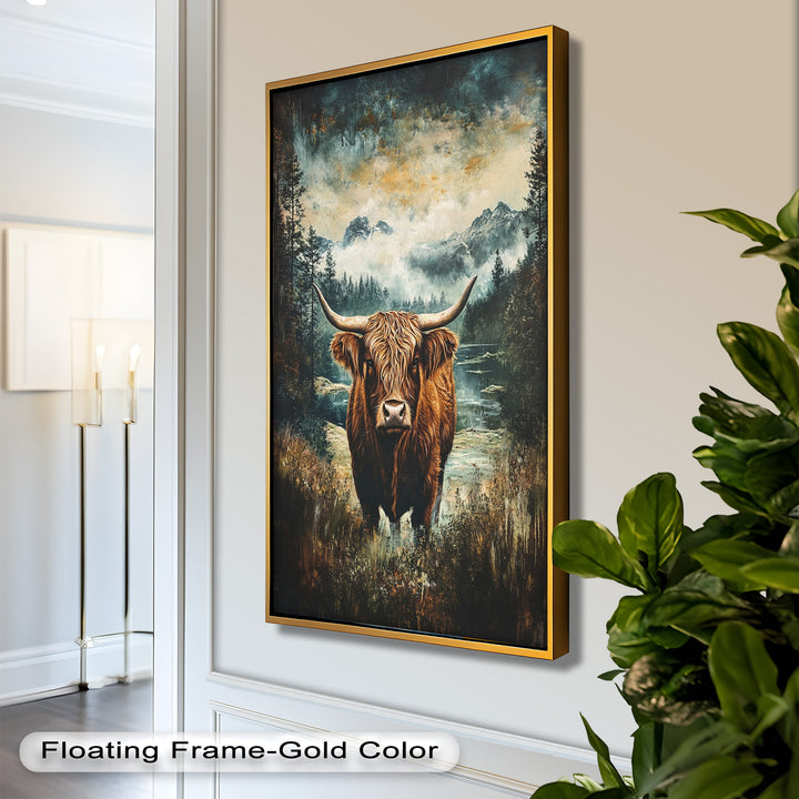 Highland Cow in Misty Pines – Wilderness Oil Painting
