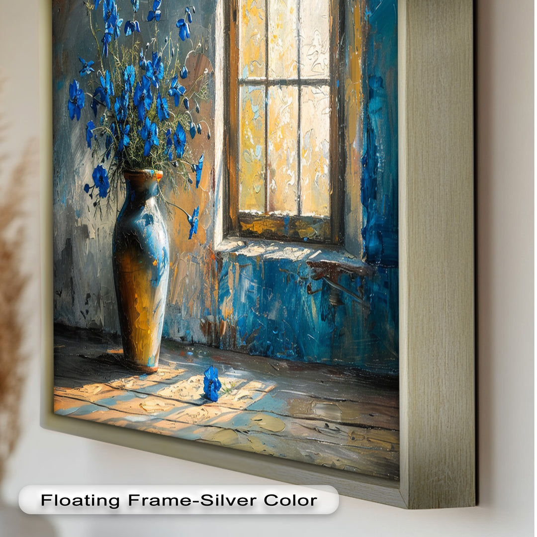 Blue Flowers in Vase – Rustic Still Life Oil Painting