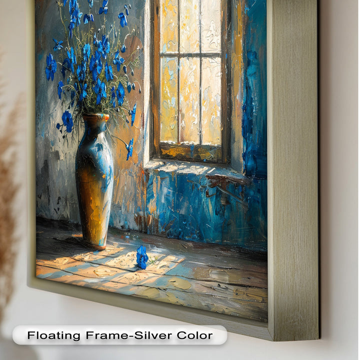 Blue Flowers in Vase – Rustic Still Life Oil Painting