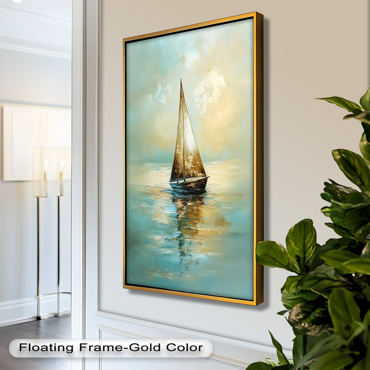 Golden Drift – Ruhiges Segelboot bei Sonnenaufgang, Boot-Ölgemälde