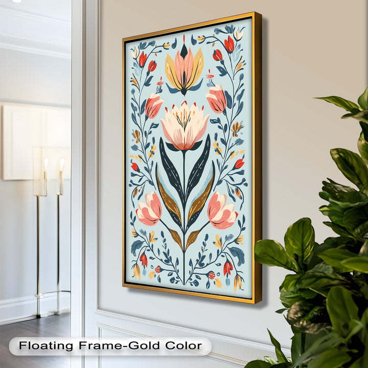 Folk-inspirierte Tulpenharmonie – Boho-Blumenölgemälde