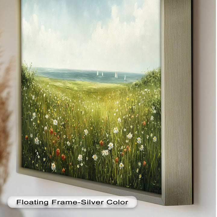 Wildflower Meadow Sea View Wall Art–Coastal Oil Painting