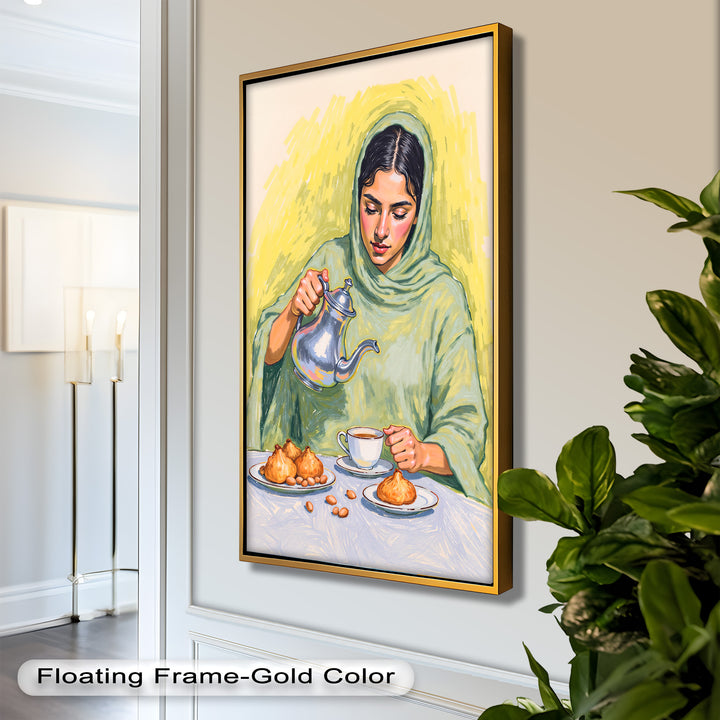 Woman Pouring Tea with Traditional Sweets - Food Painting