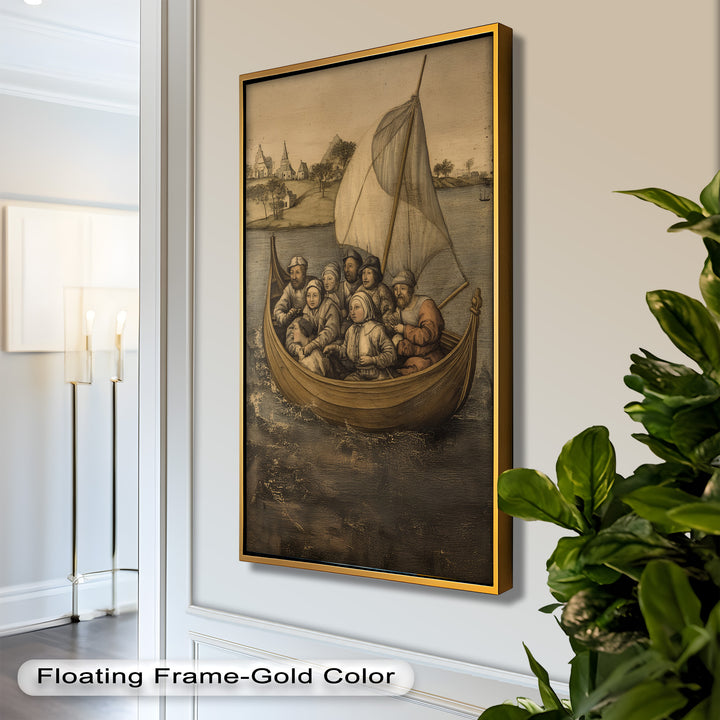 Medieval Sailors in Wooden Vessel - Historic Oil Painting