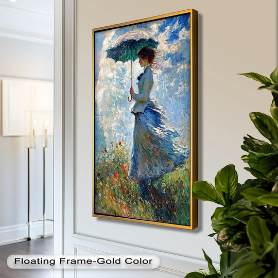 Visible brushstrokes create a rich surface texture on this impressionist oil painting wall art depicting a lady with an umbrella in a windswept field.