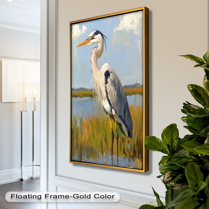 Heron in Sunlit Wetlands – Modern Oil Painting