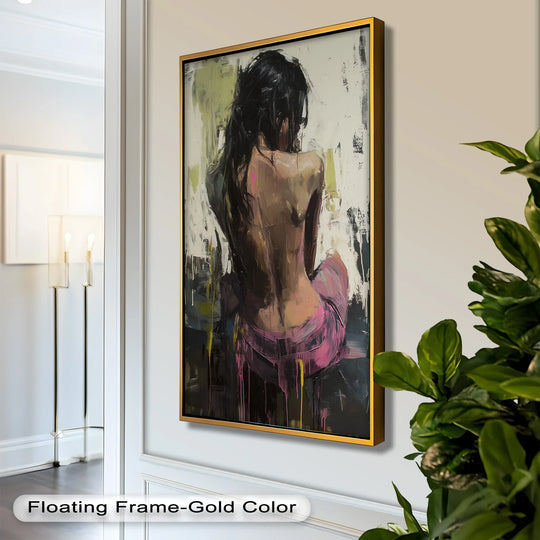 Illuminated by the brightest area, this contemporary nude oil painting decoration presents a seated woman, a captivating figurative portrait with expressive brushstrokes in a gold floating frame.
