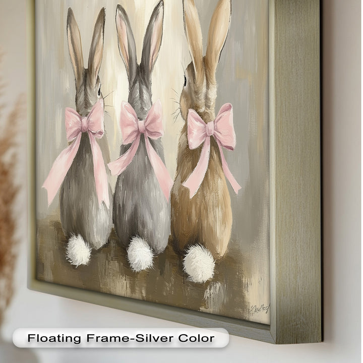Trio of Bunnies with Pink Bows – Animal Oil Painting