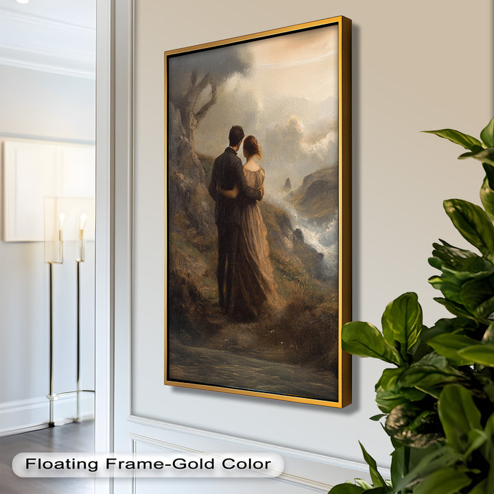 Embrace on the Cliffside – Oil Painting of Lovers in Nature