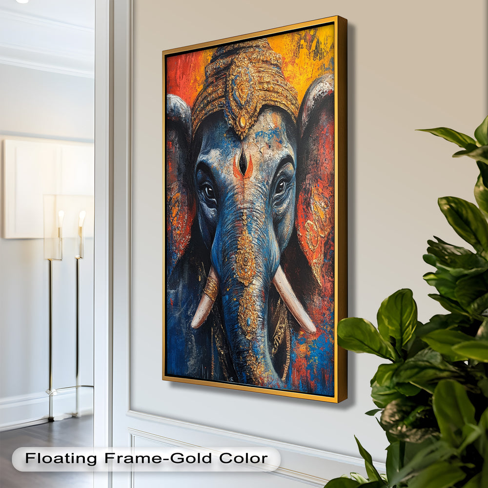 A colorful and majestic depiction of the Hindu deity Ganesha, featuring intense brushstrokes and golden embellishments.