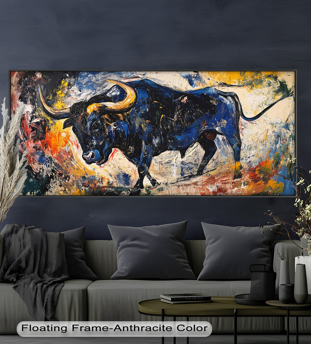 Fierce Blue Bull in Motion – Abstract Oil Painting