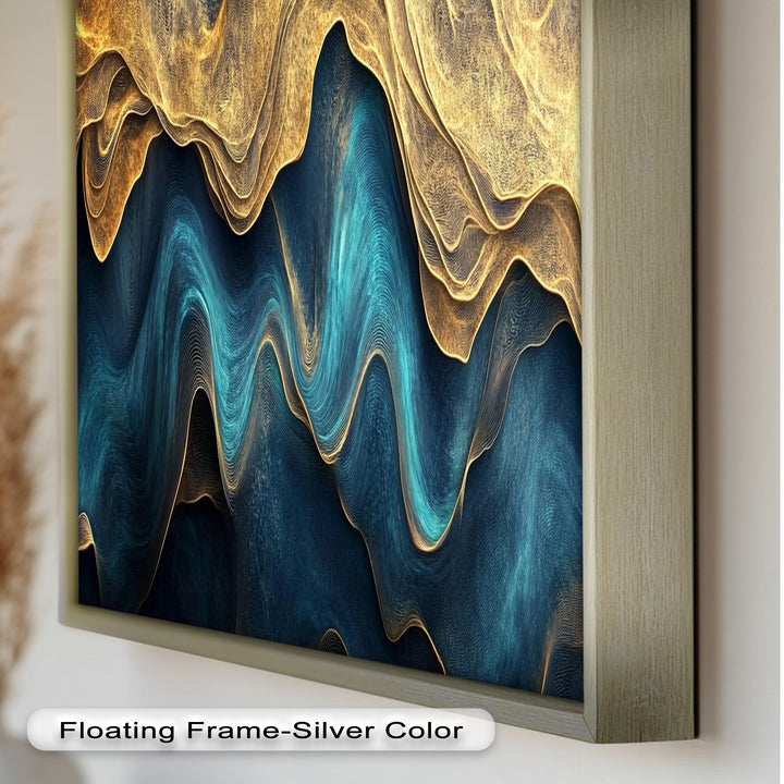 Flowing Teal & Gold Waves – Abstract Oil Painting