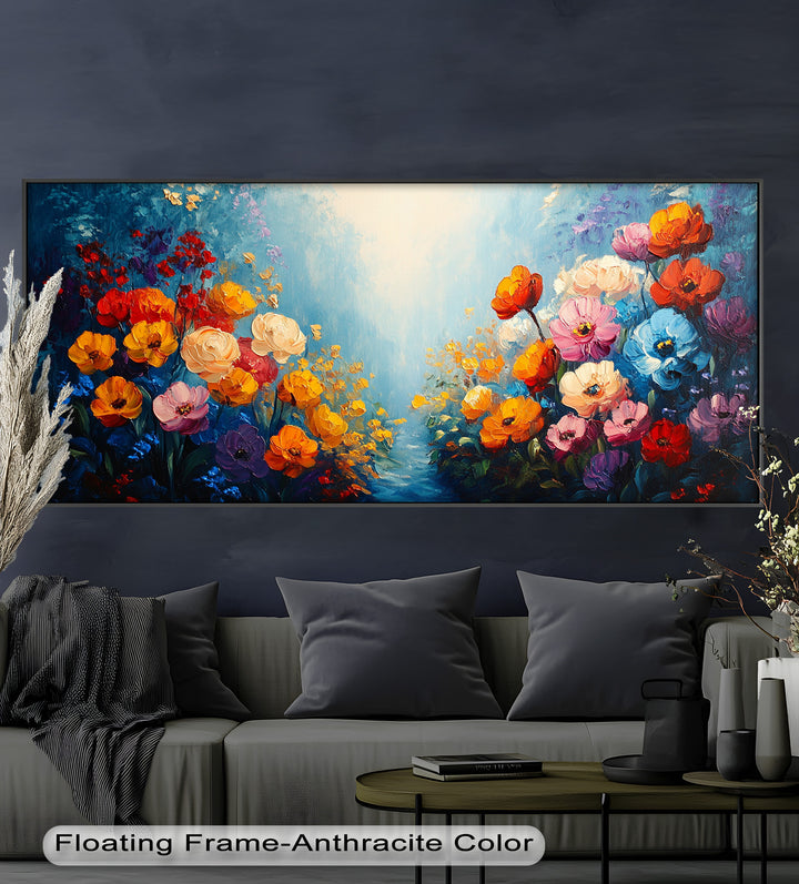 Multicolor Blossoms in Blue Radiance - Flower Oil Painting